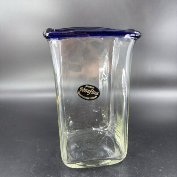 Krosno Jozefina Hand Blown Glass Vase Made In Poland Clear Cobalt Blue Edges VTG - Picture 13 of 16